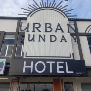 3D emboss lettering non lighted signboard with ceiling panel base installed at jalan langgar urban sunday hotel